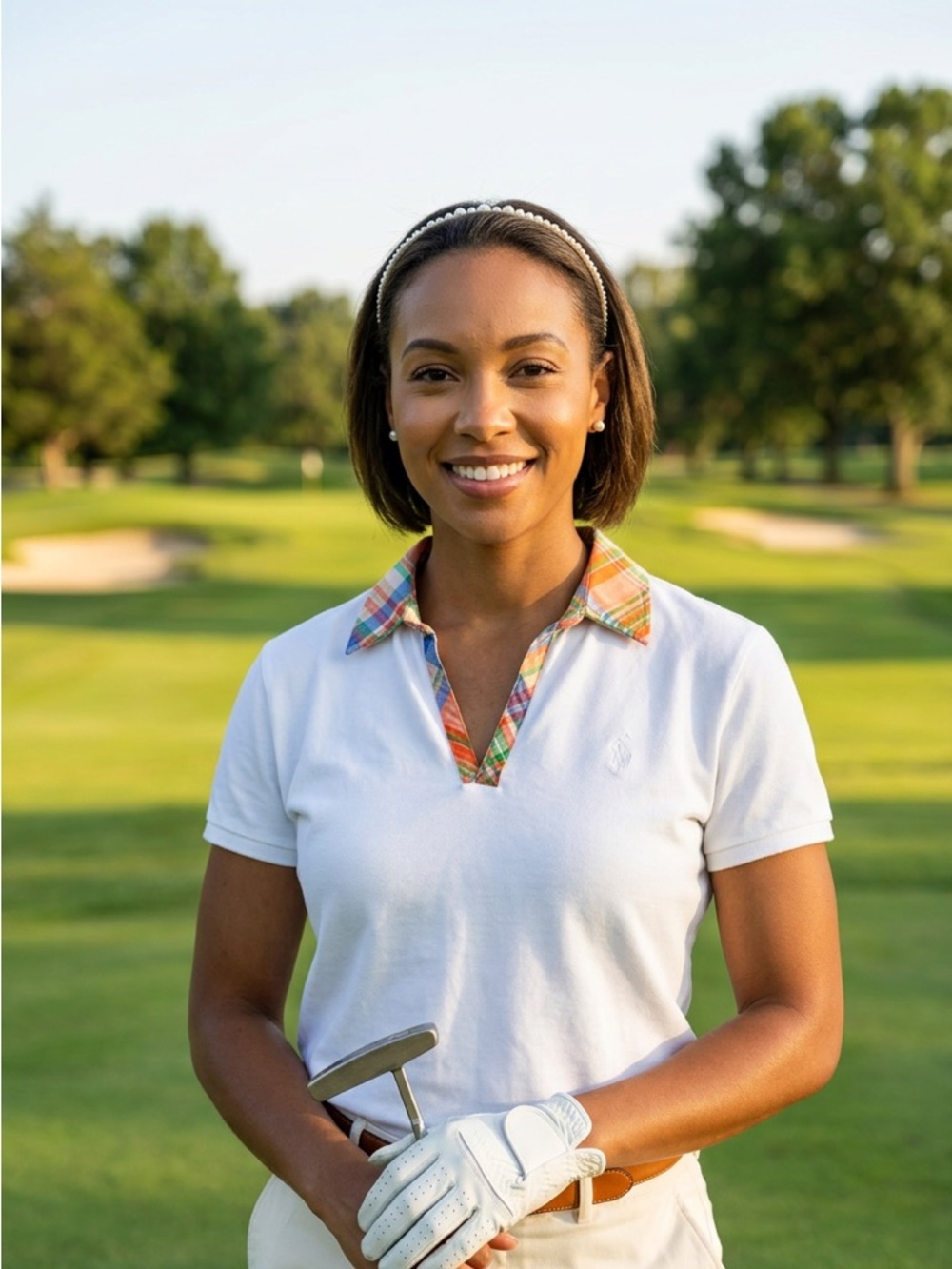 Lauren Ralph Lauren LRL Active Polo Shirt Women XL White Plaid Trim Golf Preppy